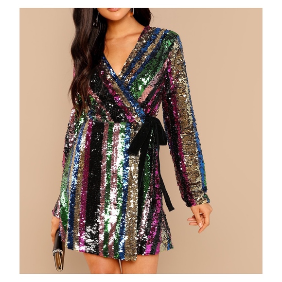 Colorful Rainbow Wrap Sequin Cocktail Dress - Picture 1 of 8